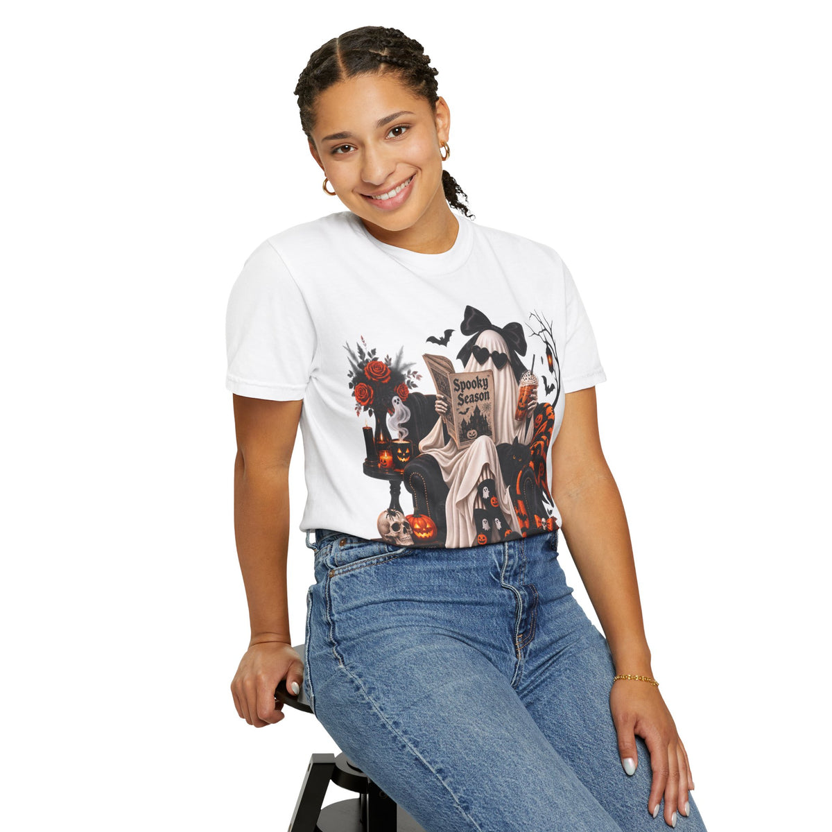 Halloween Ghost Reading T-Shirt — Spooky Pumpkin & 'Spooky Season' Graphic