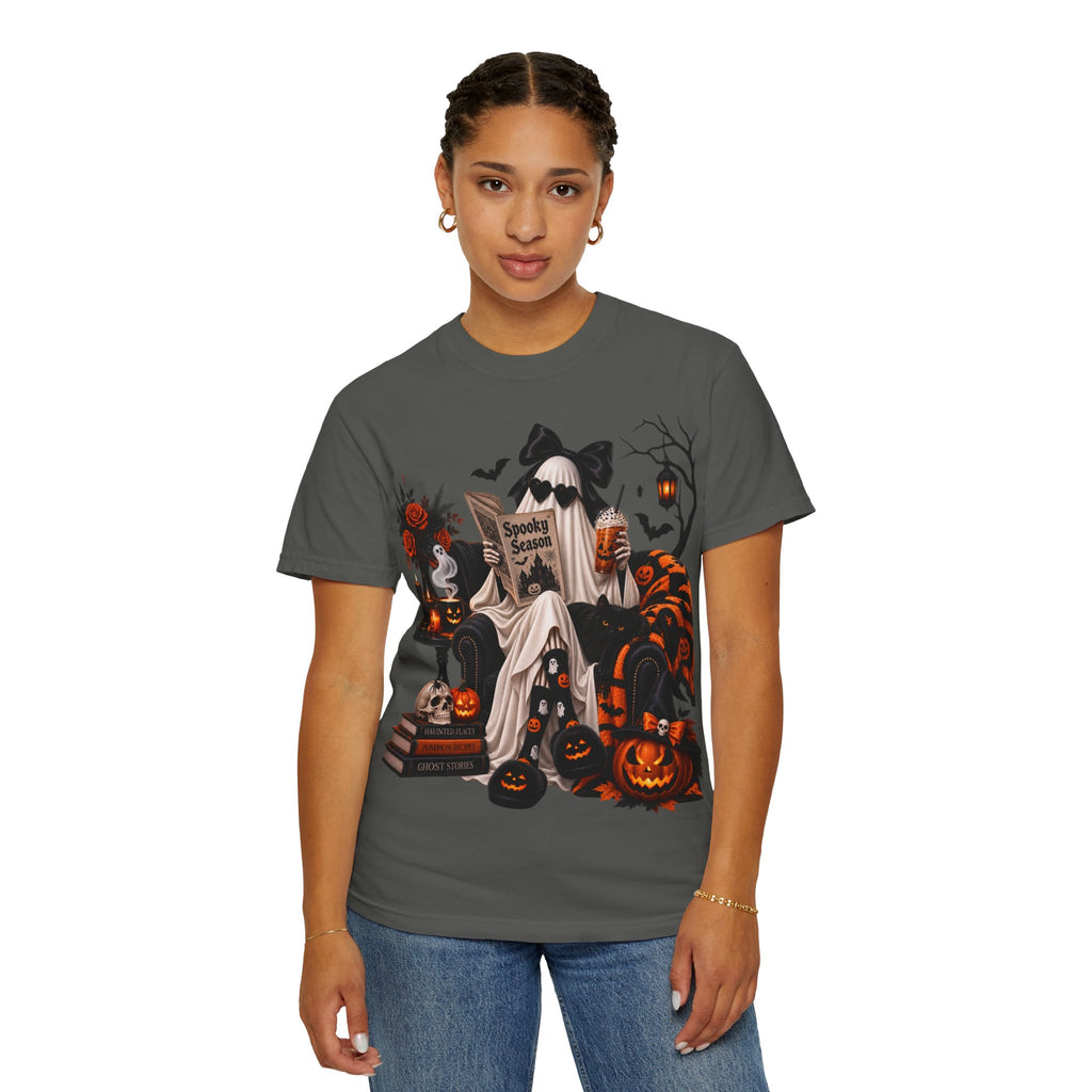 Halloween Ghost Reading T-Shirt — Spooky Pumpkin & 'Spooky Season' Graphic