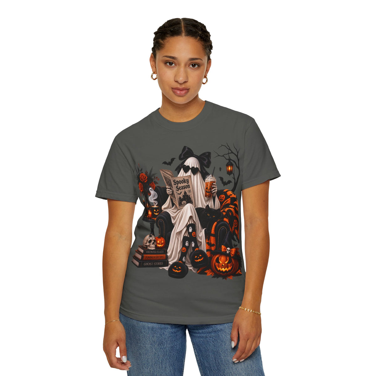 Halloween Ghost Reading T-Shirt — Spooky Pumpkin & 'Spooky Season' Graphic