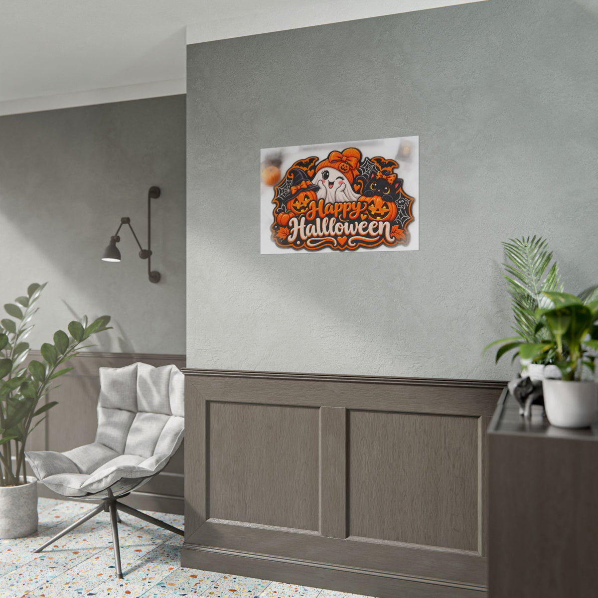 Happy Halloween Rolled Poster — Cute Ghost, Pumpkins & Black Cat Halloween Wall Art