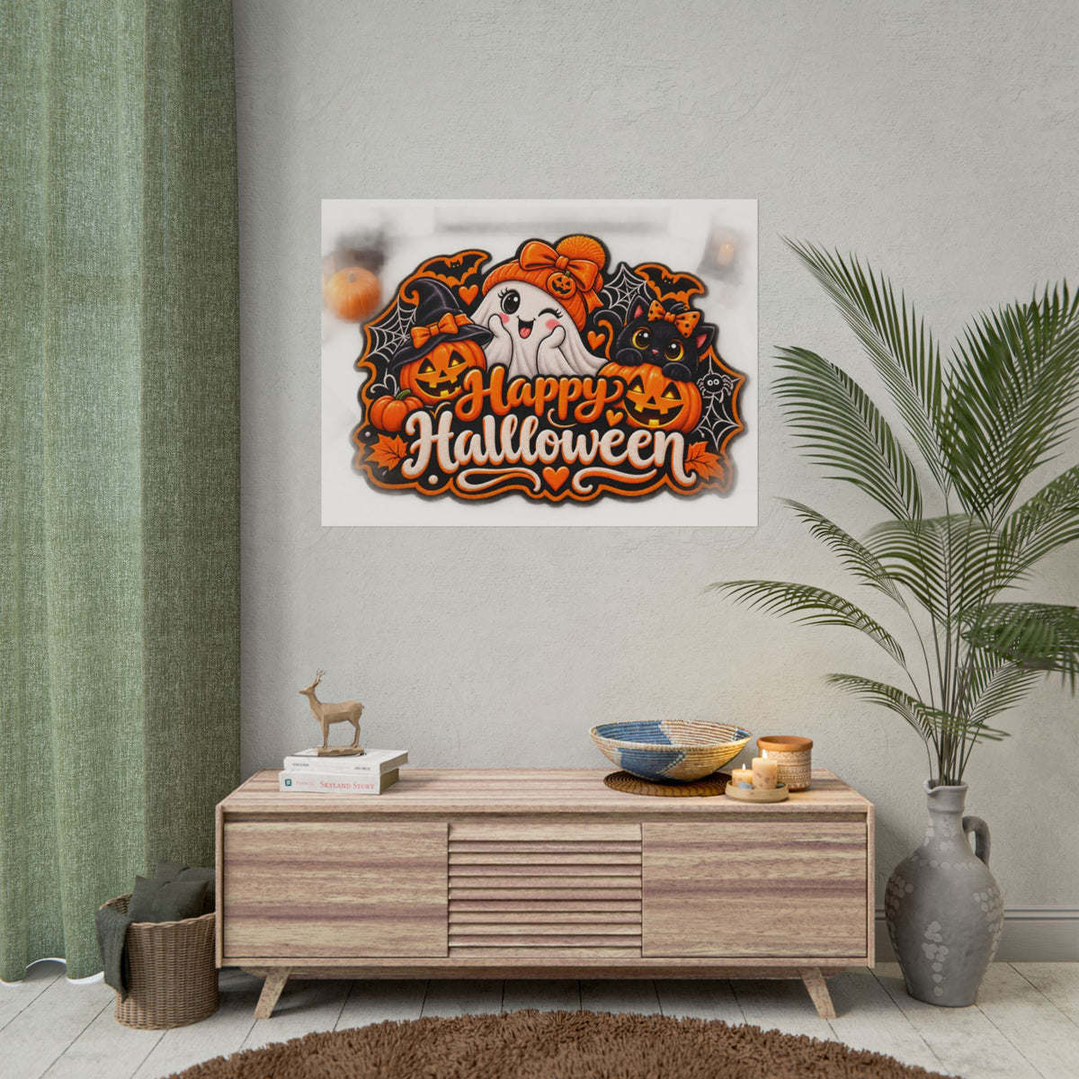 Happy Halloween Rolled Poster — Cute Ghost, Pumpkins & Black Cat Halloween Wall Art