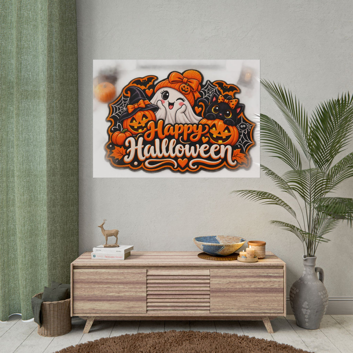Happy Halloween Rolled Poster — Cute Ghost, Pumpkins & Black Cat Halloween Wall Art