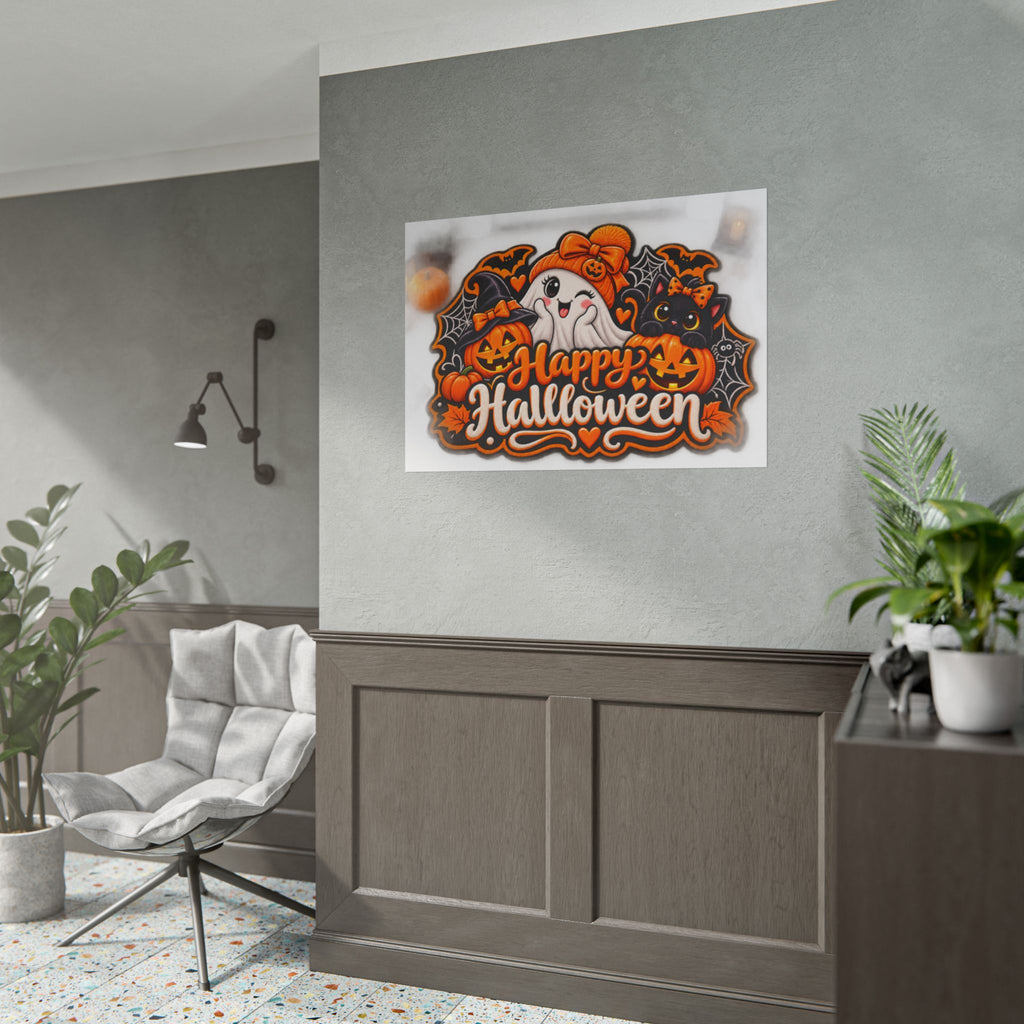 Happy Halloween Rolled Poster — Cute Ghost, Pumpkins & Black Cat Halloween Wall Art