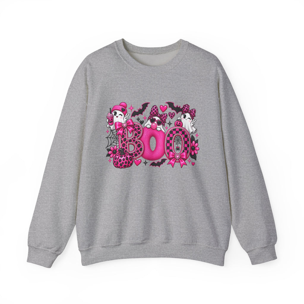 Halloween 'Boo' Graphic Sweatshirt — Cute Pink Ghosts & Bats Cozy Pullover